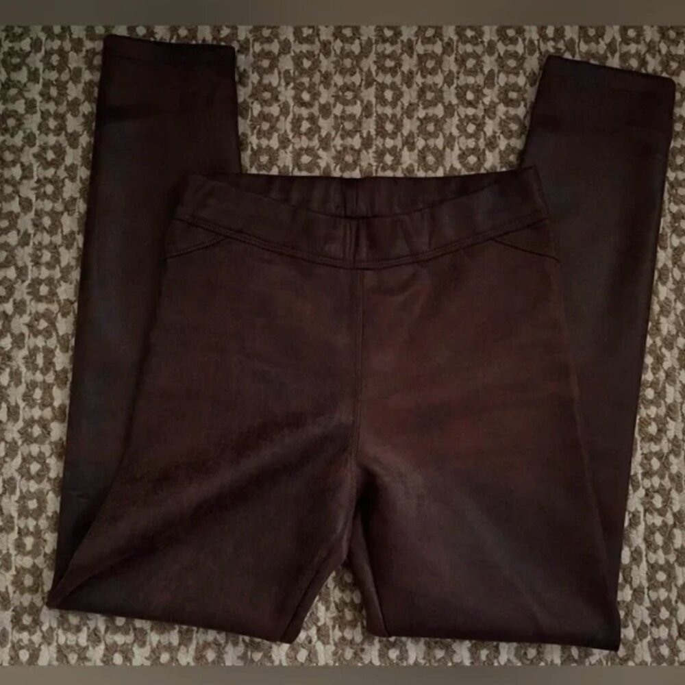 dark brown chocolate faux leather straight pants with stretchy waist band